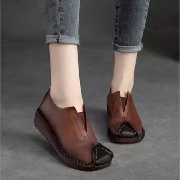Johnature Натуральная кожа Ретро Насосы Женская обувь Удобная Универсальная сплошная цвет мягкая подошва Клинья Обувь 35 красно-коричневый