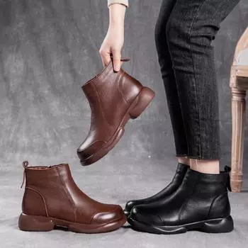 Johnature Натуральная кожа Ретро Низкий каблук Ботильоны Универсальные Круглый носок Теплые Удобные Женские Ботинки 35 чёрный