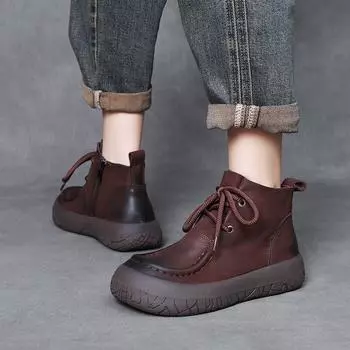 Johnature Натуральная кожа Ретро Толстая подошва Короткие сапоги Круглый носок Плоская подошва Универсальные женские сапоги 36 чёрный