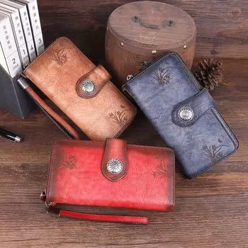 Johnature натуральная кожа Ретро женские кошельки и портмоне кошелек держатель для карт ручная роспись ручной кошелек длинный кошелек для телефона серый