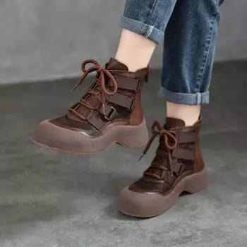 Johnature Натуральная кожа ручной работы ретро римские сапоги женские толстые подошвы шнуровки короткие сапоги 35 чёрный