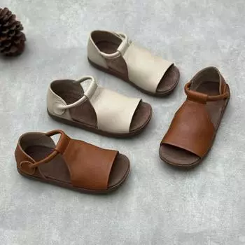 Johnature Натуральная кожа Сандалии с открытым носком на плоской подошве Ретро Ручная работа Мягкая подошва Однотонные женские туфли 35 коричневый