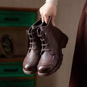 Johnature Натуральная кожа Теплые круглые носки Мягкая подошва Короткие ботинки Низкий каблук Нескользящая повседневная женская обувь 35 чёрный