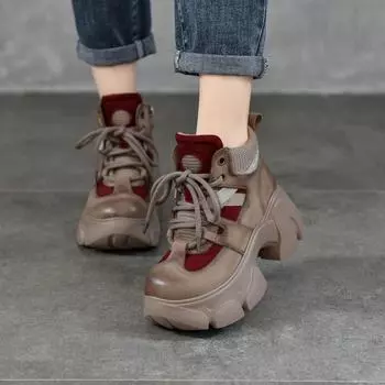 Johnature Натуральная кожа Толстая подошва Короткие сапоги коровьей кожи смешанных цветов Шнуровка Женские туфли на платформе 34 коричневый