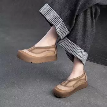 Johnature Натуральная кожа Толстая подошва Круглый носок Лоферы Ретро Удобные женские туфли на плоской платформе 35 коричневый