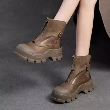Johnature Натуральная кожа Толстая подошва Повседневные короткие сапоги Ретро рыцарские сапоги Модная женская обувь 36 хаки