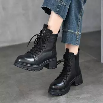 Johnature Натуральная кожа толстая подошва шнуровка короткие сапоги плюшевые теплые женские сапоги с боковой молнией 36 коричневый