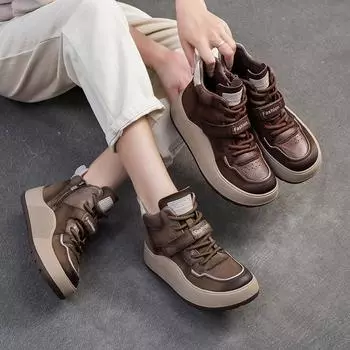 Johnature Натуральная кожа Толстая подошва Спортивные удобные женские туфли Повседневные универсальные короткие ботинки с плоской подошвой 35 хаки