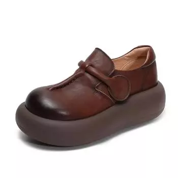 Johnature Натуральная кожа Толстая подошва Женская обувь Круглый носок Легкий Ретро Плоская обувь на платформе 34 коричневый