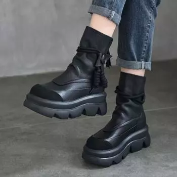 Johnature Натуральная кожа толстая подошва женские короткие сапоги однотонные универсальные сапоги до середины голени туфли на платформе 39 чёрный