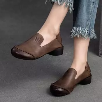 Johnature Натуральная кожа Толстые каблуки Удобные туфли-лодочки Универсальные ретро женские туфли без застежек 35 темно-коричневого