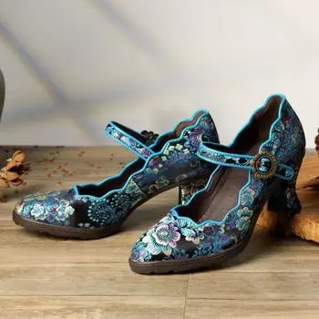 Johnature Натуральная Кожа Туфли Женские Модные Туфли На Высоком Каблуке Винтажные Цветочные Круглые Носки Женские Туфли 36 небесно-голубой