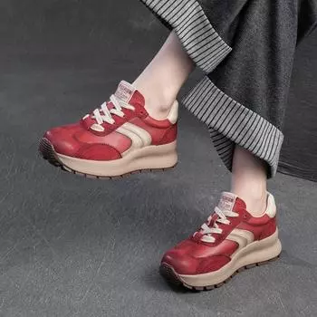 Johnature Натуральная кожа Универсальные кроссовки Повседневная спортивная обувь Круглый носок Шнуровка Женские туфли на плоской подошве 35 красный