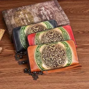 Johnature натуральная кожа, винтажный длинный кошелек с держателем для карт, женские ручные кошельки, универсальный кошелек с тиснением из натуральной яловой кожи чёрный