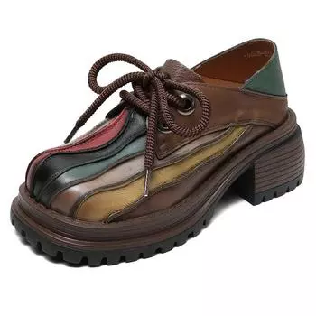 Johnature Натуральная кожа Женская обувь Круглый носок Толстый каблук Толстая подошва Разноцветные Радужные Туфли-лодочки на высоком каблуке 35 кофейный