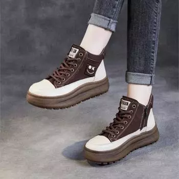 Johnature Натуральная кожа Женская обувь Повседневные мягкие подошвы на толстой подошве Короткие ботинки на шнуровке 35 чёрный