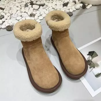 Johnature Натуральная кожа Зимние сапоги Женская обувь Мягкие теплые коровьи матовые плоские короткие сапоги 35 бежевый