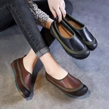 Johnature Неглубокие туфли-лодочки из натуральной кожи, ручная работа, мягкая подошва, разноцветные женские туфли на плоской подошве 35 чёрный