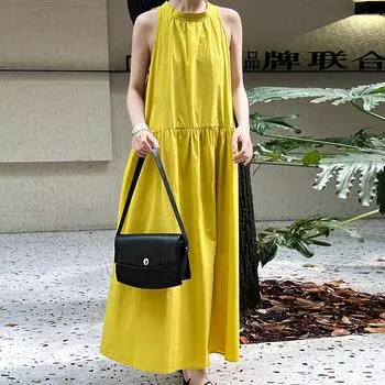 Johnature непринужденное простое женское платье без рукавов с воротником на шее, летнее простое свободное платье без рукавов с открытыми плечами M чёрный