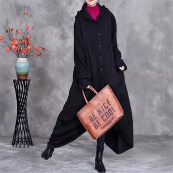 Johnature Нестандартное винтажное однотонное пальто с капюшоном, женское зимнее винтажное длинное пальто с индивидуальным дизайном One Size чёрный