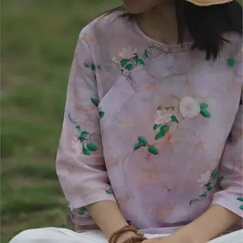 Johnature Нишевая повседневная рубашка с пряжкой в китайском стиле, женская весенняя модная рубашка с круглым вырезом и принтом, винтажная рубашка с длинными рукавами M светло-розовый