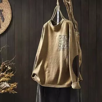 Johnature Niche кружевные нашивки O-образный вырез свободный повседневный свитер женский зимний модный китайский стиль длинный рукав свитер One Size чёрный