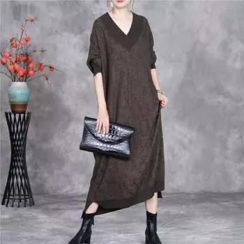Johnature Niche V-образный вырез тонкое нерегулярное свободное ретро платье женское осеннее корейское повседневное модное винтажное платье One Size кофейный