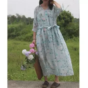 Johnature Niche V-образным вырезом повседневное платье женское весеннее модное платье с принтом в винтажном стиле в китайском стиле M светло-синий