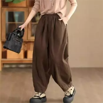 Johnature Niche Vintage Casual Splice Loose Solid Color Harem Pants Woman Autumn Fashion Elastic Waist Pants L