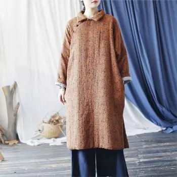 Johnature Ниша китайский стиль винтаж свободный отложной воротник женские зимние длинные рукава ретро пальто One Size оранжевый