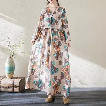 Johnature Ниша с круглым вырезом винтажное платье женское весеннее модное свободное платье с длинными рукавами и индивидуальным принтом L хаки