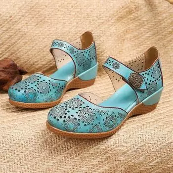 Johnature/Новая летняя женская обувь ручной работы в стиле ретро, босоножки на танкетке с цветочным узором из натуральной кожи 36 синий