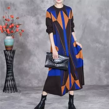 Johnature О-образный вырез, свободный, с длинными рукавами, А-силуэт, женское зимнее винтажное повседневное платье с длинными рукавами в китайском стиле One Size кофейный