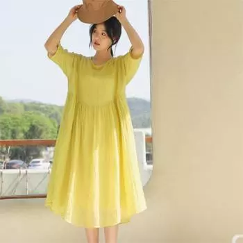 Johnature О-образный вырез три четверти однотонное платье А-силуэта женское осеннее китайское ретро-винтажное платье S жёлтый