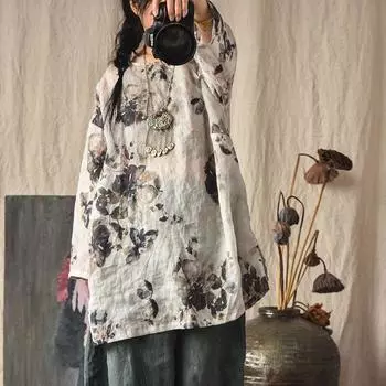 Johnature O-образным вырезом Весенние пуговицы Ramie с длинными рукавами Оригинальные блузки Длинные рубашки One Size чёрный