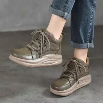 Johnature Обувь для спорта и отдыха из натуральной кожи на толстой подошве со шнуровкой, универсальные женские короткие ботинки на мягкой подошве 36 чёрный