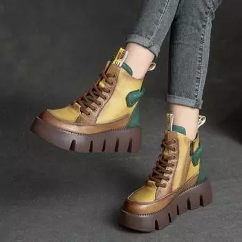 Johnature обувь из натуральной кожи разных цветов, женские полусапоги с круглым носком, ботинки ручной работы на плоской платформе в стиле ретро