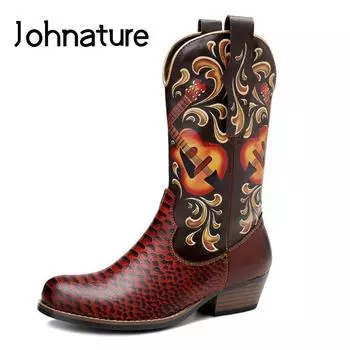 Johnature обувь из натуральной кожи, женские ботинки с круглым носком на молнии и принтом, удобные ботинки на платформе с шитьем ручной работы