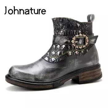 Johnature обувь из натуральной кожи, женские ботинки, осенне-зимние ботинки с круглым носком на молнии для отдыха, ботильоны ручной работы на платформе для отдыха