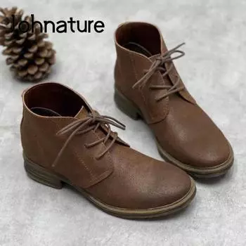Johnature/обувь из натуральной кожи, женские ботинки на шнуровке, для отдыха, с круглым носком, ботильоны ручной работы на платформе в стиле ретро