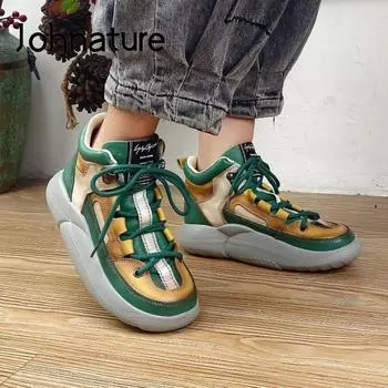 Johnature обувь из натуральной кожи; женские ботинки на шнуровке, разноцветные, с круглым носком, для отдыха, шитье, ботинки на платформе ручной работы