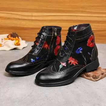 Johnature Обувь из натуральной кожи Женские сапоги с принтом Короткие сапоги на молнии в национальном стиле с круглым носком