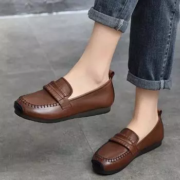 Johnature/обувь ручной работы из натуральной кожи на плоской подошве с мягкой подошвой, лоферы без шнуровки с круглым носком в стиле ретро, однотонная женская обувь