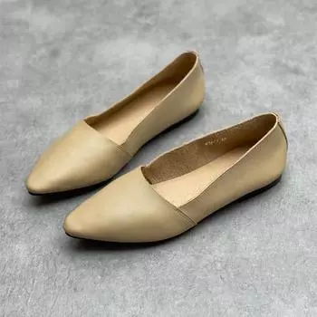 Johnature/обувь ручной работы из натуральной кожи с острым носком на мягкой подошве, повседневная универсальная женская обувь без шнуровки на плоской подошве 35 бежевый