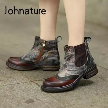 Johnature обувь в стиле ретро из натуральной кожи; женские ботинки на молнии с круглым носком в стиле пэчворк; лаконичные ботильоны ручной работы на платформе;