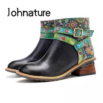 Johnature, обувь в стиле ретро из натуральной кожи, женские ботинки, лаконичные ботильоны ручной работы с круглым носком, лоскутное шитье, ботильоны на платформе ручной работы 36 чёрный