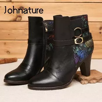 Johnature обувь в стиле ретро, женские ботинки, ботильоны ручной работы на платформе и высоком каблуке с круглым носком из натуральной кожи на молнии с цветком 36 чёрный