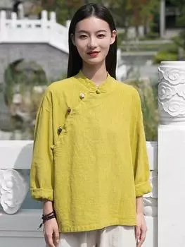 Johnature однотонная хлопково-льняная рубашка в стиле ретро с пряжкой-стойкой, осенне-зимние новые свободные удобные женские топы S серый