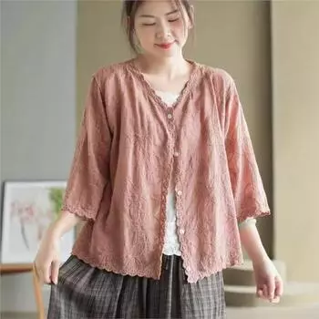 Johnature Однотонная вышитая рубашка в стиле три четверти с V-образным вырезом, женская осенняя модная однобортная свободная рубашка One Size хаки