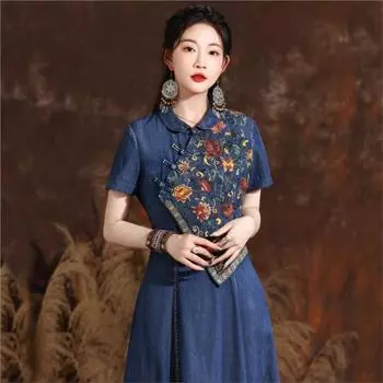 Johnature однотонное платье в китайском стиле с пряжкой, летнее женское винтажное повседневное платье с короткими рукавами и вышивкой M темно-синий